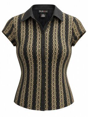 STYLE & Co Short-Sleeve Button-Up Black and Cream Geometric Striped Top, Size L